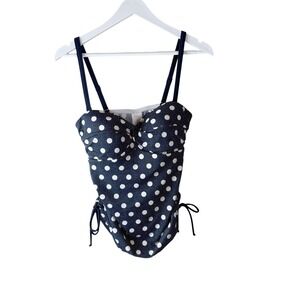 Boden‎ Women's Tankini Top Swim Sz 14 Navy Blue White Polka Dots Cinch Side